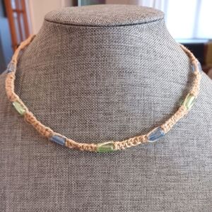 Handmade Macrame Hemp Necklace w/ Blue and Green Beads - New Item (up to 17")